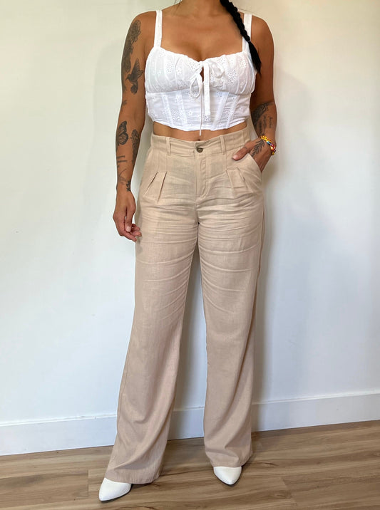 Pleated Linen Pants - Khaki