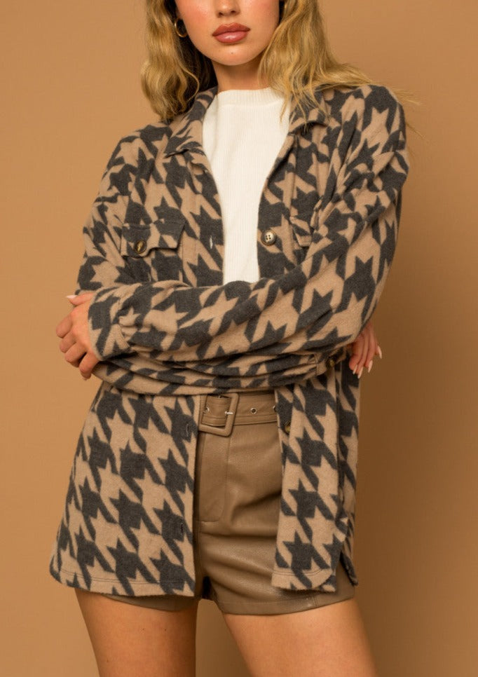 Houndstooth Fleece Shirt Jacket