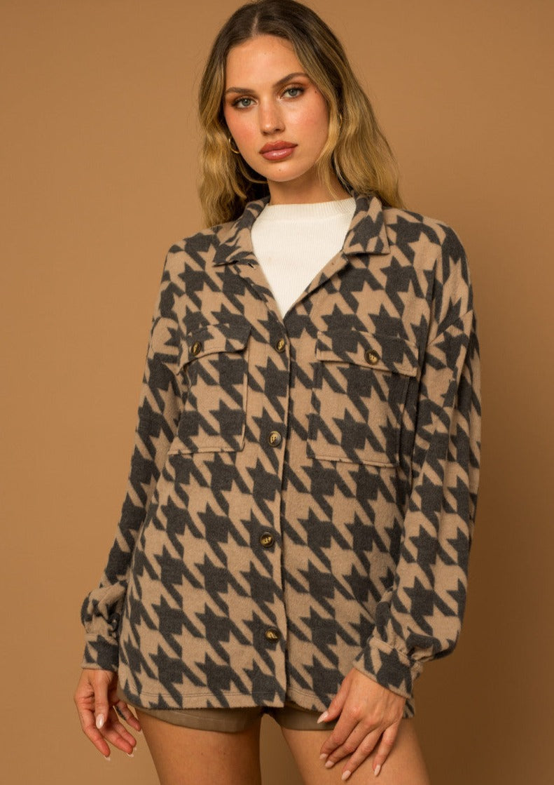 Houndstooth Fleece Shirt Jacket