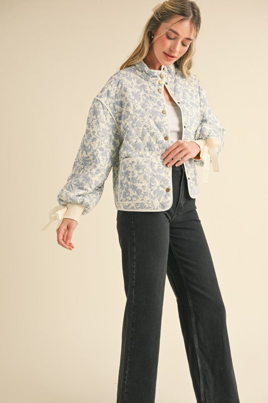 Floral Quilted Jacket With Bow Tie Ribbon Detail