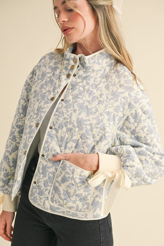 Floral Quilted Jacket With Bow Tie Ribbon Detail