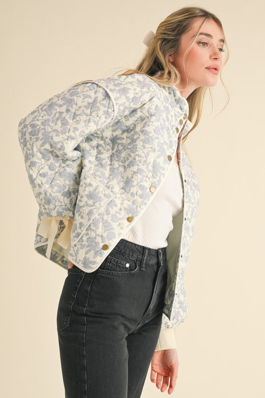 Floral Quilted Jacket With Bow Tie Ribbon Detail