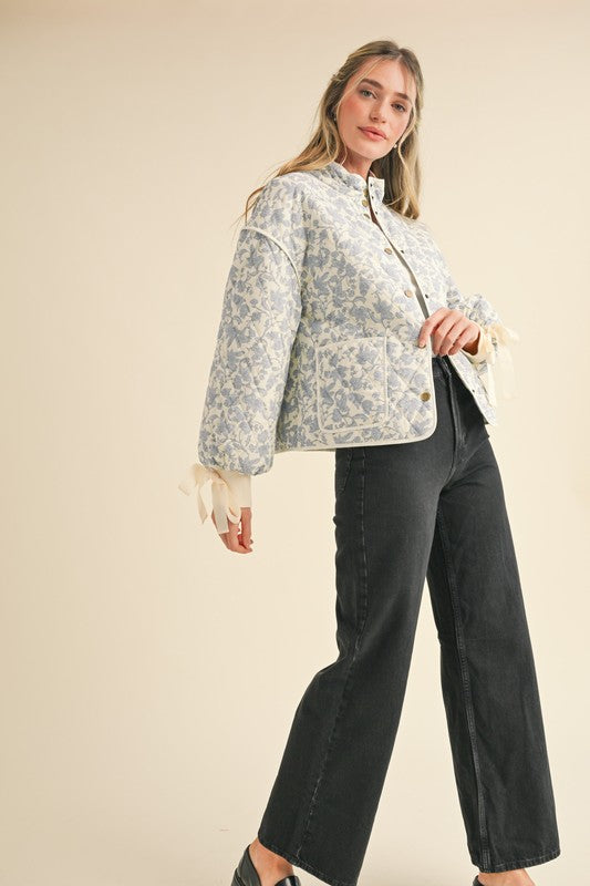 Floral Quilted Jacket With Bow Tie Ribbon Detail