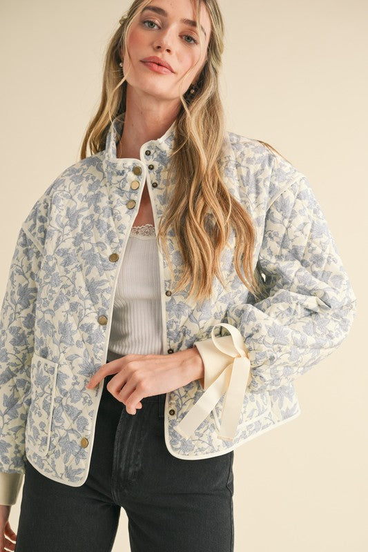 Floral Quilted Jacket With Bow Tie Ribbon Detail