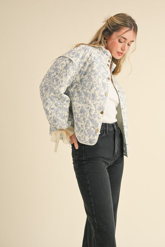 Floral Quilted Jacket With Bow Tie Ribbon Detail