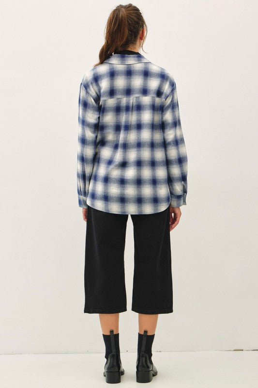 Indigo Blue Plaid Flannel Button Up