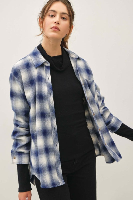 Indigo Blue Plaid Flannel Button Up