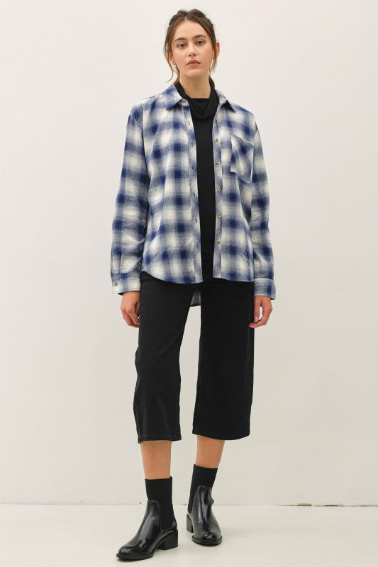 Indigo Blue Plaid Flannel Button Up