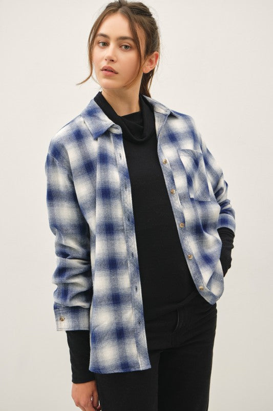 Indigo Blue Plaid Flannel Button Up