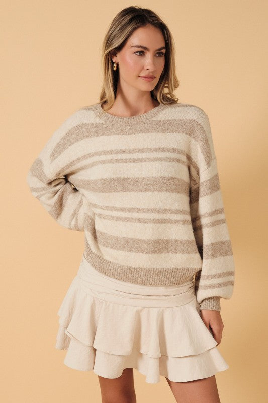 Cozy Neutral Striped Slouchy Knit Crew Neck Sweater