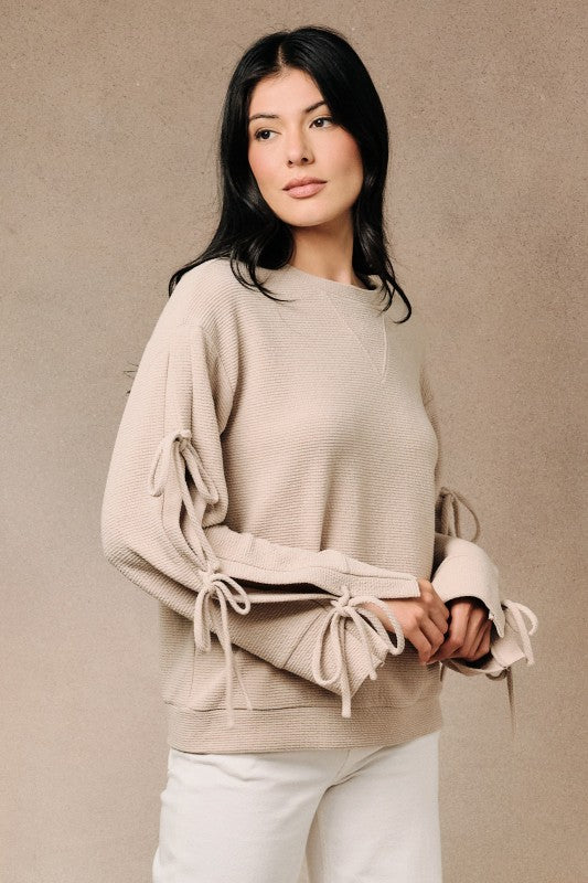 Ribbed Long Sleeve Side Tie Detail Knit Pullover