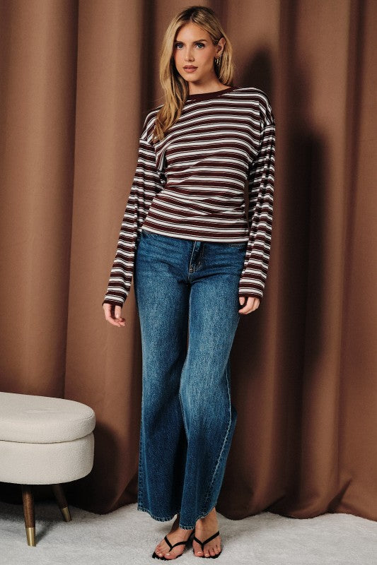 Round Neck Corset Waist Striped Knit Long Sleeve Top