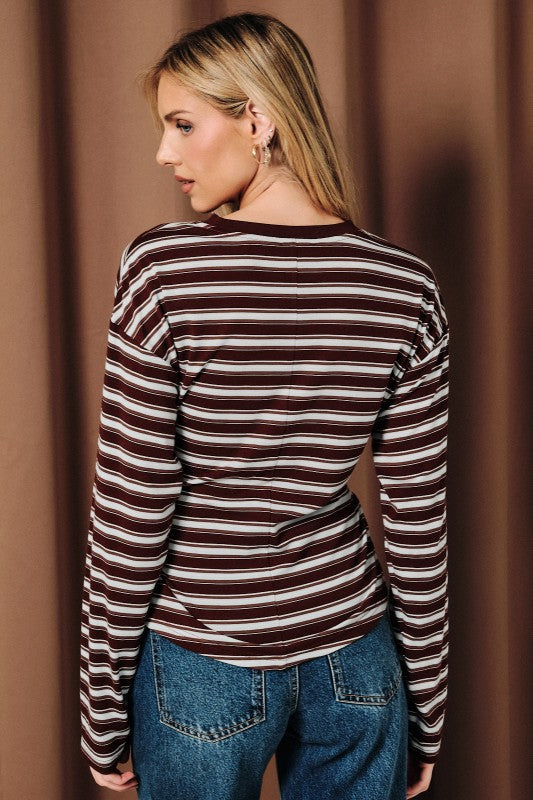Round Neck Corset Waist Striped Knit Long Sleeve Top