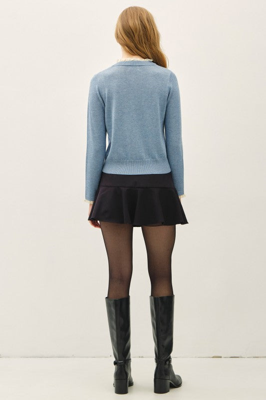 Lace Trim At Neck And Cuff Fine Cardigan