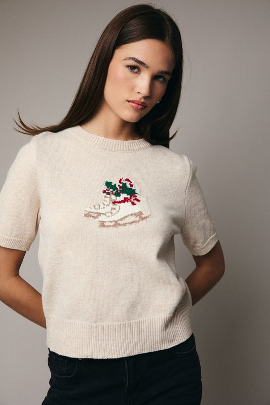 Festive Figure Skates Short Sleeve Sweater