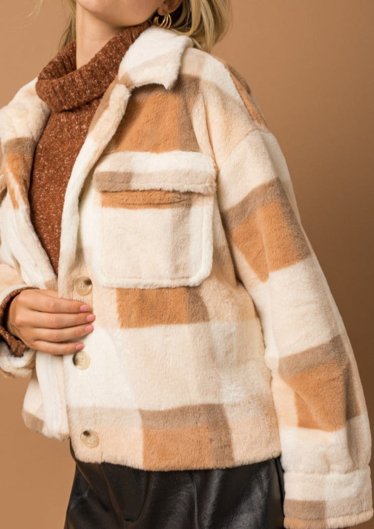 Plaid faux 2024 fur jacket